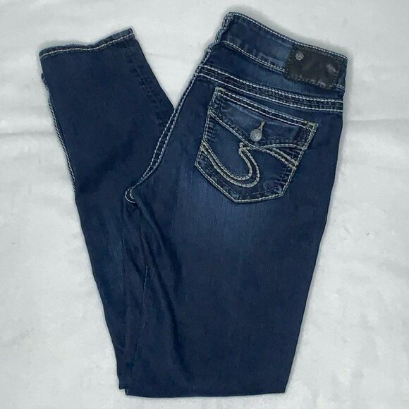 Silver Jeans Suki Skinny 28 Dark Wash Mid Rise Curvy 5 Pocket Embroidery Stitch - Picture 3 of 6